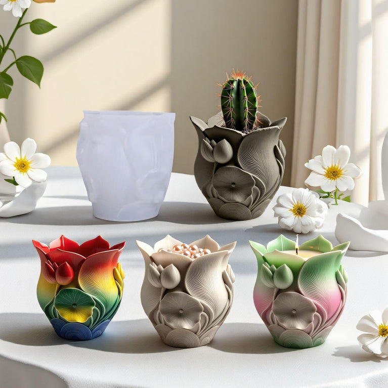 SNOOGG Silicone Mold Lotus Flower Carved Planter Pot Design for Eco Resin Crete Casting DIY Candle Holder Succulent Pot Home Decor Craft Mold