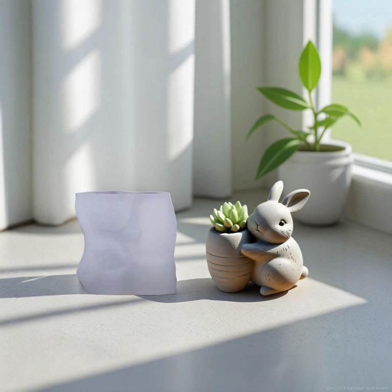 SNOOGG Silicone Mold Cute Bunny with Carrot Planter Design for Eco Resin Crete Casting DIY Succulent Pot Home Decor Craft Mold