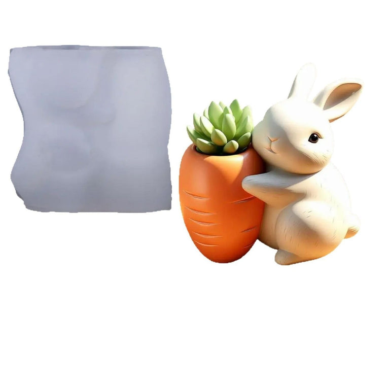 SNOOGG Silicone Mold Cute Bunny with Carrot Planter Design for Eco Resin Crete Casting DIY Succulent Pot Home Decor Craft Mold