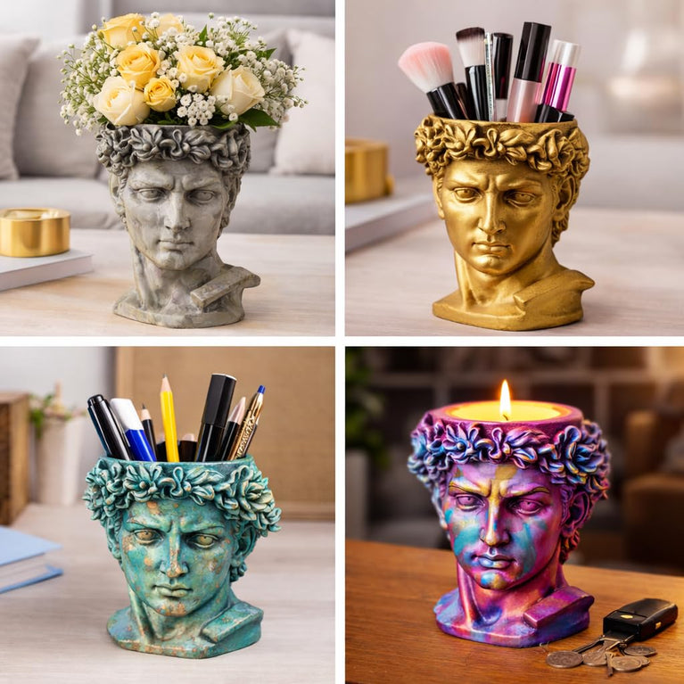 SNOOGG Silicone Mold David Head Sculpture Planter Pot Design for Eco Resin Crete Casting DIY Pen Stand Candle Holder Home Decor Craft Mold