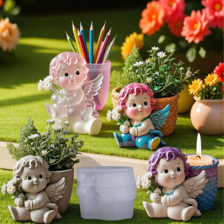 SNOOGG Silicone Mold Cute Angel Baby Planter Pot Design for Eco Resin Crete Casting DIY Succulent Pot Candle Holder Pen Stand Home Decor Craft Mold