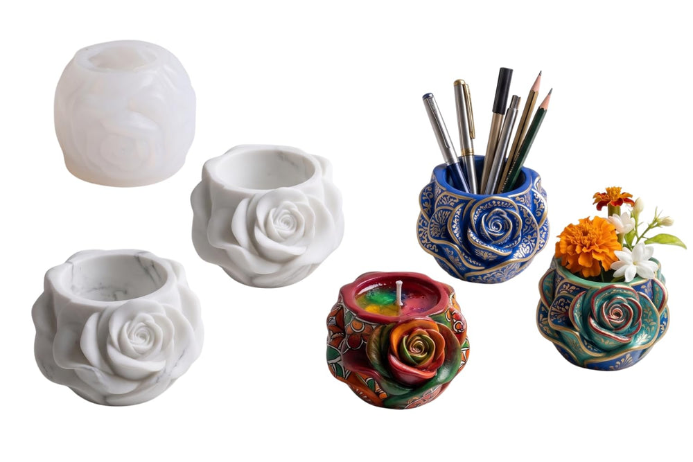 SNOOGG Rose Flower Silicone Mold for Eco Resin Concrete Planter Candle Holder Desk Organizer DIY Craft Mould Reusable Casting Mold for Vase Pen Stand Art Decor