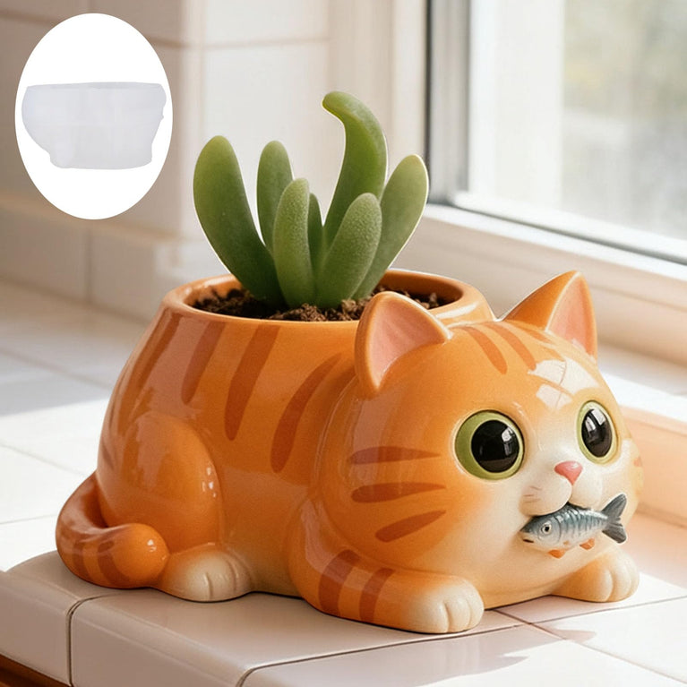 Snoogg Fishy Cat Planter Silicone Mold for Eco Resin Casting, Jesmonite, Resin Crete, Ecocrete, Concrete & Plaster, Cute Cat Succulent Pot Mold for DIY Home Decor Crafts