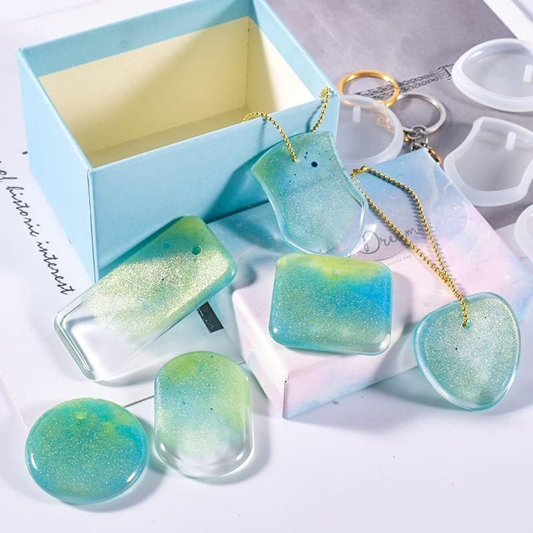 SNOOGG Silicone Resin Molds Pack of 3 Sets 18 Pcs 2 Inch Keychain Pendant Molds with Hanging Hole, 6 Shapes Round Square Rectangle Epoxy Resin Charm Mould for DIY Jewellery Craft Making