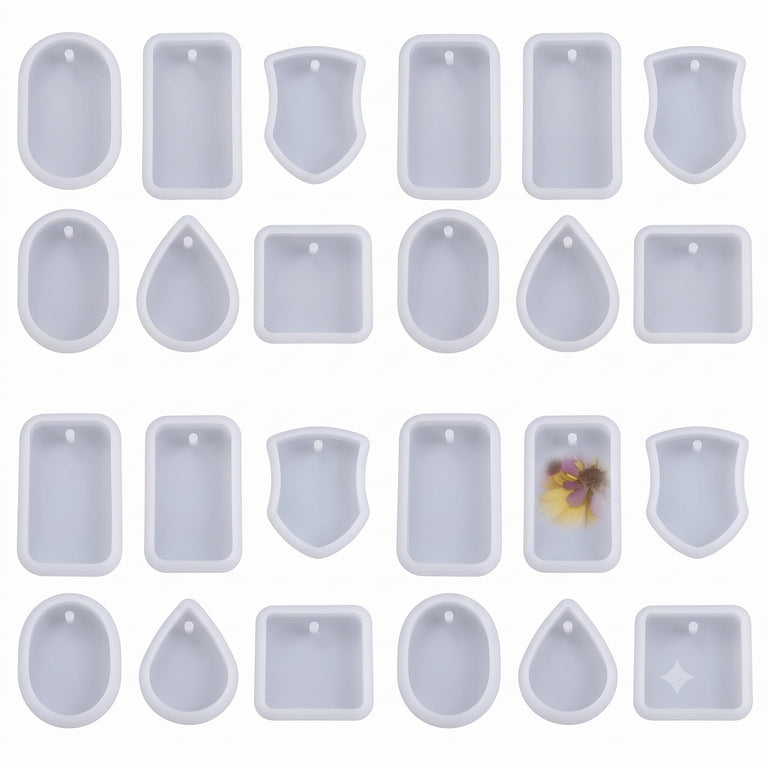 SNOOGG 24 Pcs Epoxy Resin Keychain Molds Set of 4-24 PIECE 2 Inch Silicone Pendant Mould with Hole for Resin Art, Bag Charm, Jewellery Making Bulk Pack for Small Business & Workshop