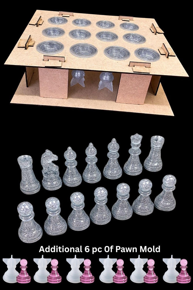 Resin Mold Holder Stand & 12-Piece Chess Checker Mold, 12 Slot Wooden Base, Stable Resin Casting, Anti-Movement, Uniform Drying for Chess Craft
