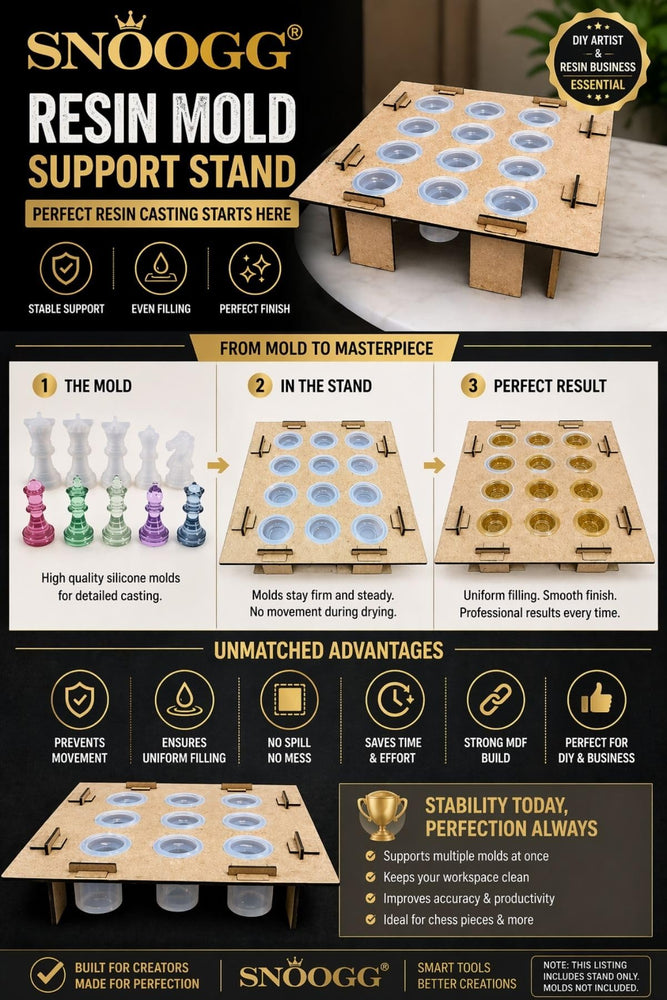 Resin Mold Holder Stand & 12-Piece Chess Checker Mold, 12 Slot Wooden Base, Stable Resin Casting, Anti-Movement, Uniform Drying for Chess Craft