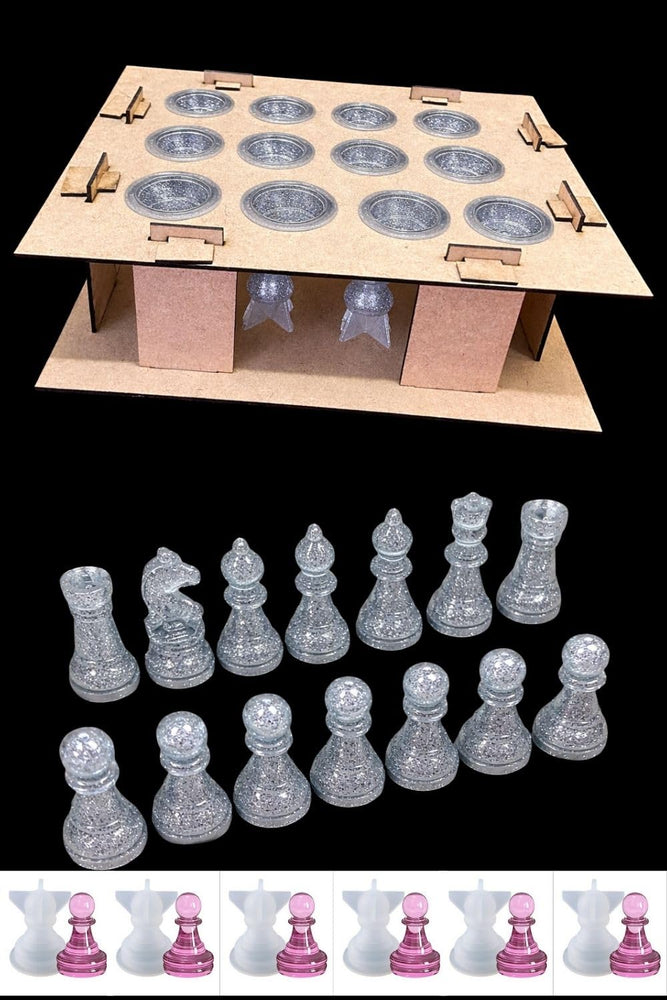 Resin Mold Holder Stand & 12-Piece Chess Checker Mold, 12 Slot Wooden Base, Stable Resin Casting, Anti-Movement, Uniform Drying for Chess Craft