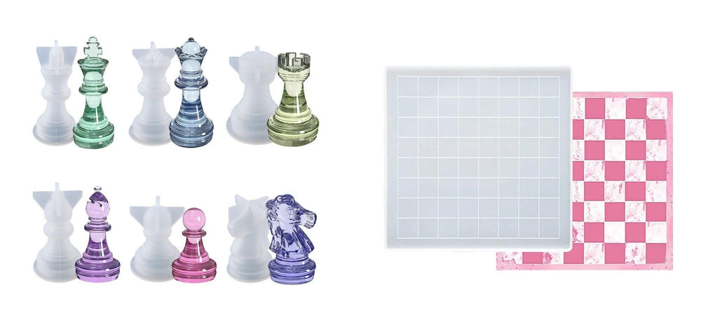 SNOOGG Chess & Checkers Silicone Mold Set – 13-Piece Combo with 1 Full Chessboard Mold, 6 Checker Piece Molds and 6 Pawn Molds | One-Piece Design for Casting Uniform Resin Chess Sets