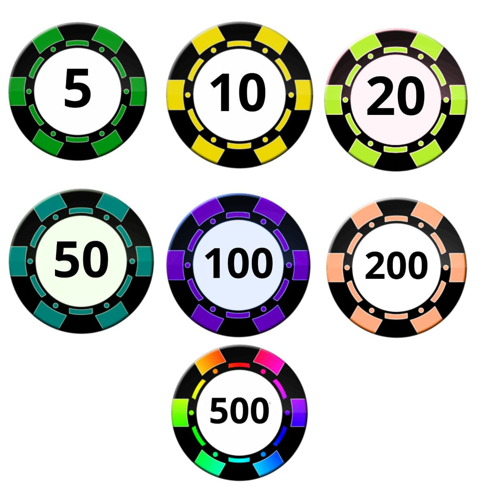 SNOOGG Poker Royal Flush Teen Patti Playing Card Deck Plastic Chips Set Multi Color with Numbers Decorations for Bingo, Family Game Token in Pack of 100,200,300,400,500