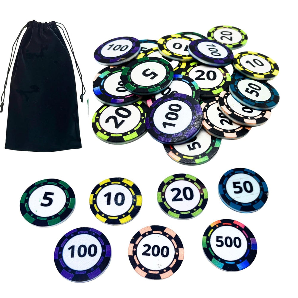 SNOOGG Poker Royal Flush Teen Patti Playing Card Deck Plastic Chips Set Multi Color with Numbers Decorations for Bingo, Family Game Token in Pack of 100,200,300,400,500