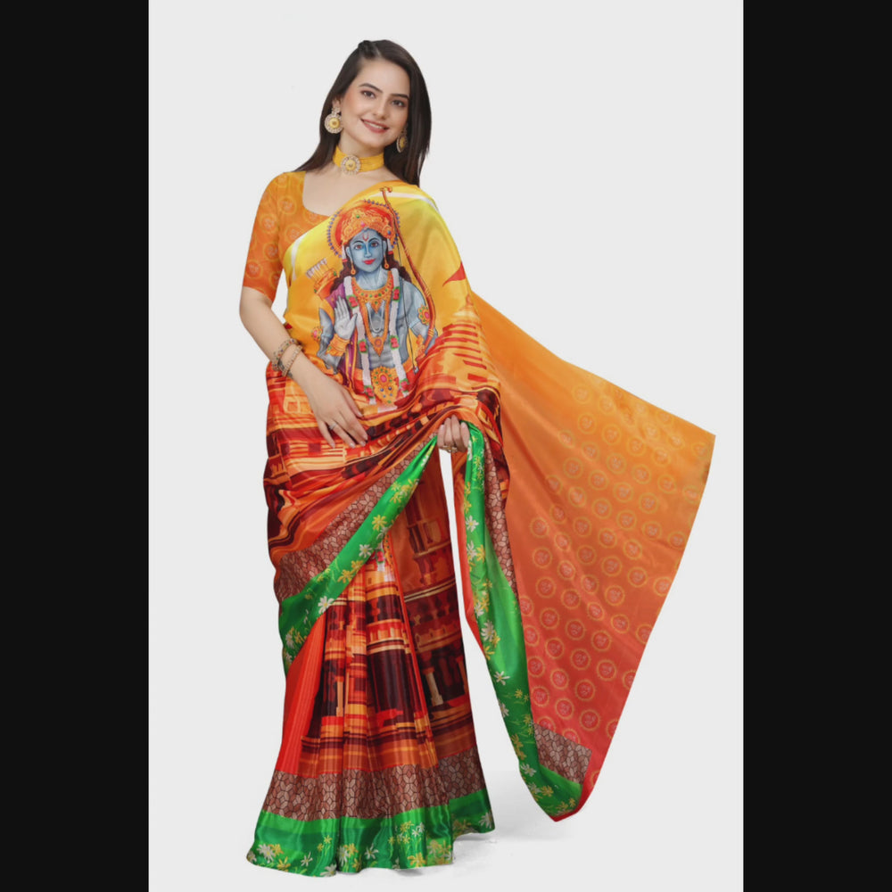 SNOOGG Lord Ram Mandir Silk Saree - Jacquard Printed Art Silk with Blouse for Festive Wear & Cultural Events