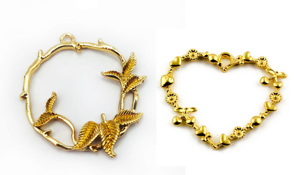 21 pc pack heart and leaft design gold plated pendent charm for resin uv art thick micron p
