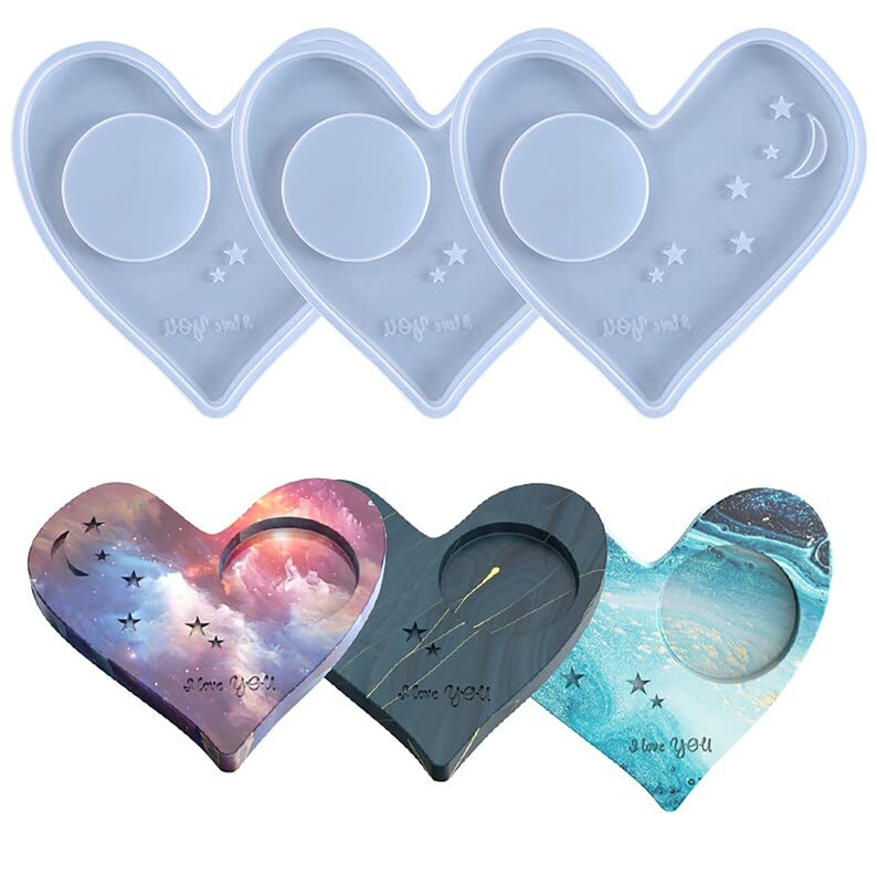 Snoogg 1 Pack  Heart Shaped Silicone Coaster Mould-Star & Moon Pattern Candle Holder Mold-Coffee Cup  Tealight Candle ResinMoulds-Coaster Silicon Mould for ResinCraft