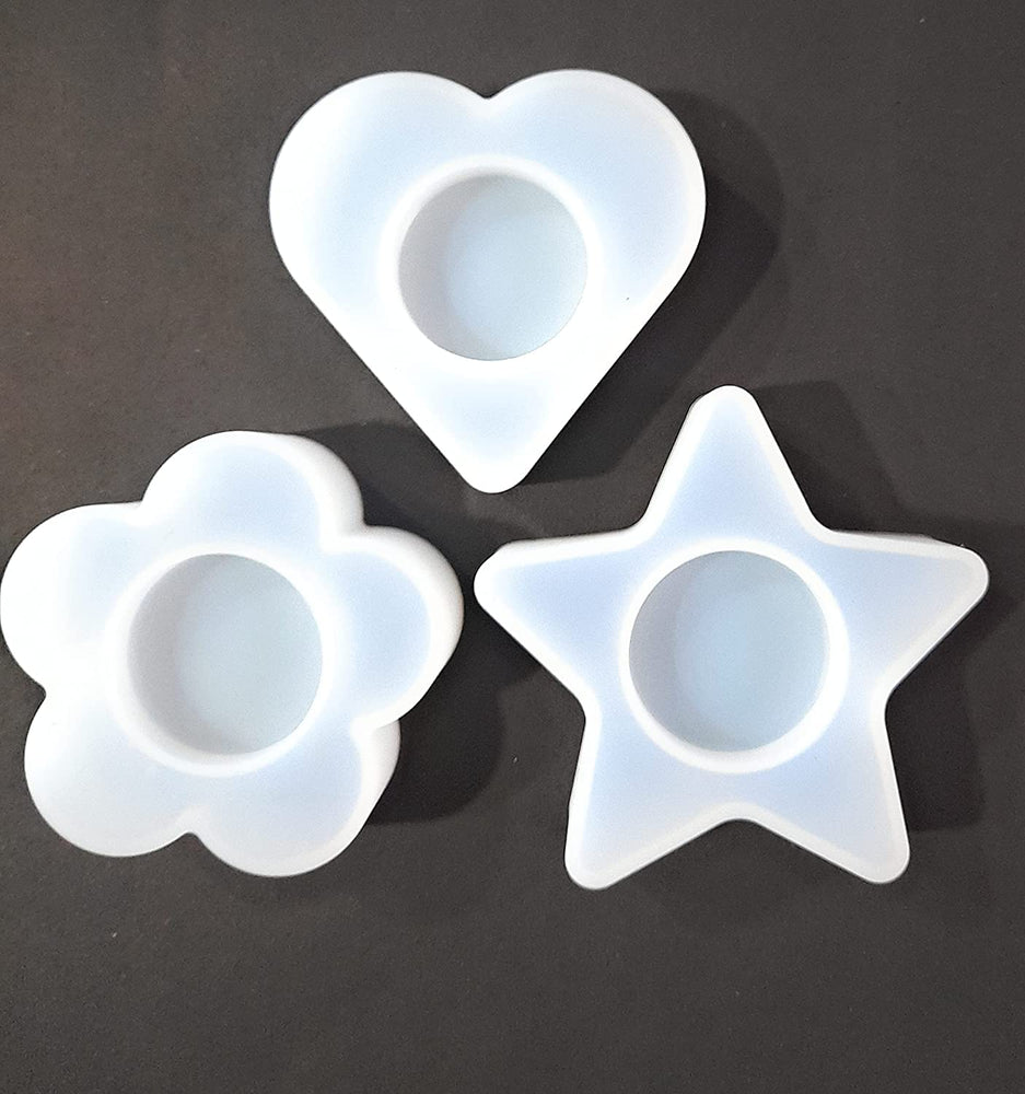 SNOOGG Pack of 3 Tea Light Candle Holder . Heart, Star and Flower Shapes. Silicone Moulds for epoxy Resin Casting DIY ResinCrafts, Cup Mats, Home Decoration