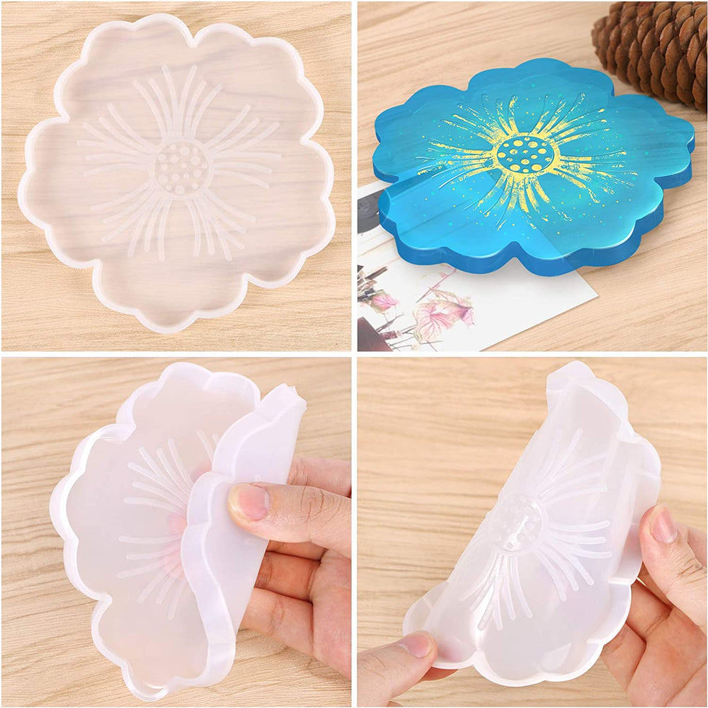 snoogg ™4 pack 12cm flower shape coaster silicone molds for epoxy resin casting for event