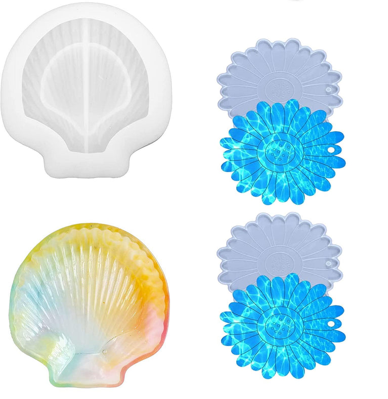 snoogg ™set of 1 sea shell shape and 2 piece sun flower coaster silicone molds for epoxy