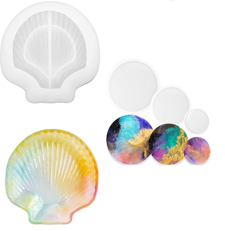 snoogg ™set of 1 sea shell shape and 3 piece round disc in 6 8 and 10 inch silicone molds