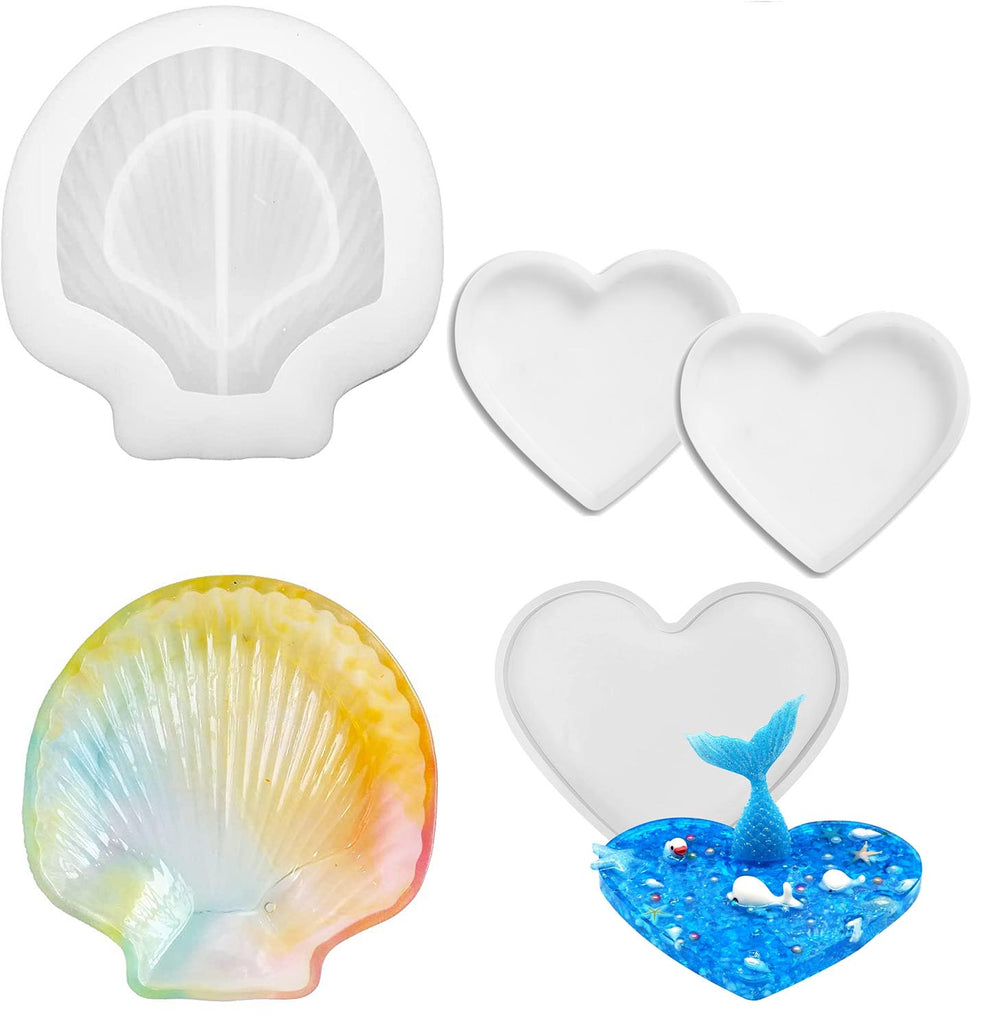 snoogg ™set of 1 sea shell shape and 2 piece heart shape coaster silicone molds for epoxy