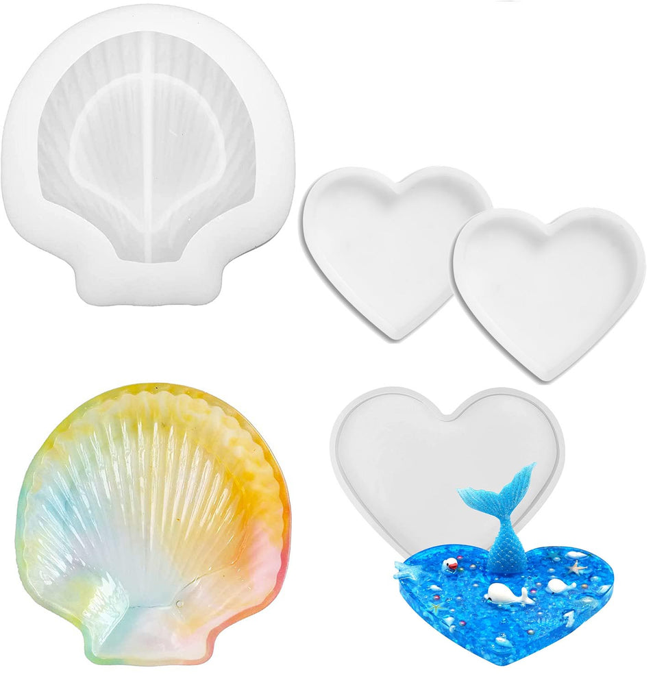 snoogg a set of 1 sea shell shape and 2 piece heart shape coaster silicone molds for epoxy