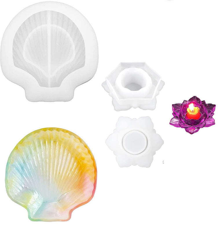 snoogg ™set of 1 sea shell shape and lotus tea light astray decor silicone molds for epox