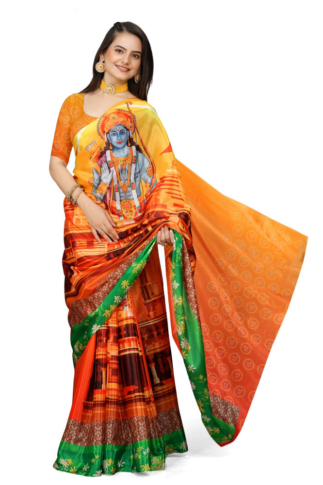 SNOOGG Collections Women's Lord Ram Mandir Temple Printed Art Silk Saree with Blouse