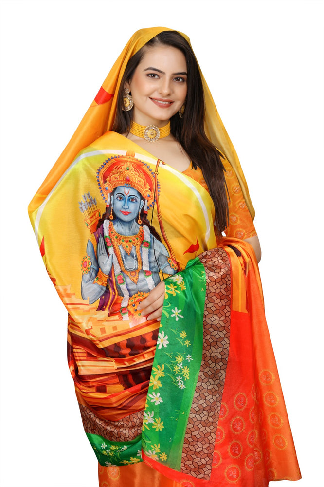 SNOOGG Collections Women's Lord Ram Mandir Temple Printed Art Silk Saree with Blouse