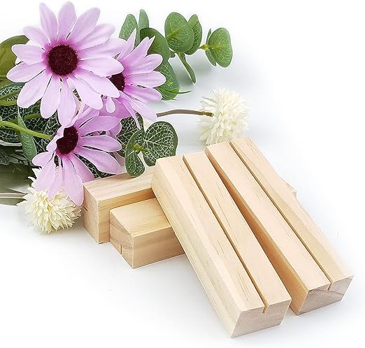 SNOOGG 6 inch 5 pc Pack Pine Wood Place Card Holders Wood Table Number Stands Picture Holder Acrylic Sign Holders for Wedding Dinner Home Party Events Decoration