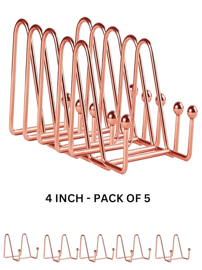 SNOOGG 4 inch Pack of 5 Display Stands Rose Gold Plate Stands Metal Frame Holder Stand for Picture, Photo Easel, Artistic Work Display Stand, for Resin Art.