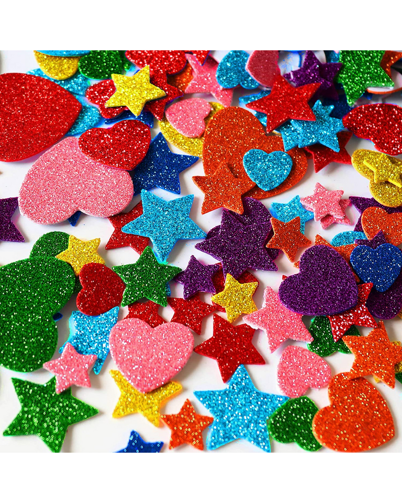 Snoogg Foam Glitter Stickers Self Adhesive, Mini Heart and Stars Shapes for Kid's Arts Craft Supplies Greeting Cards Home Decoration pack of 100 pc