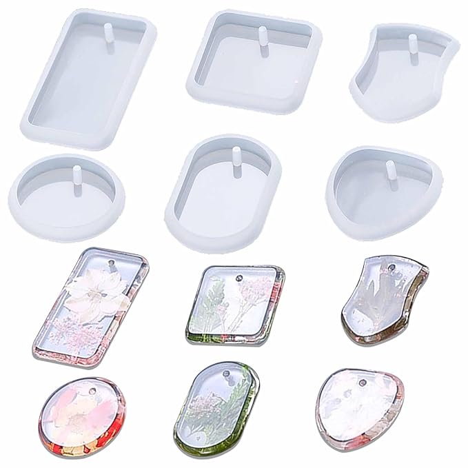 Snoogg Pack of 6 Resin Molds for Pendant,Resin Card Silicone Mold,Heart, Round, Oval, Square, Rectangular, Hanging Resin Mold for Jewellery Keychain and More