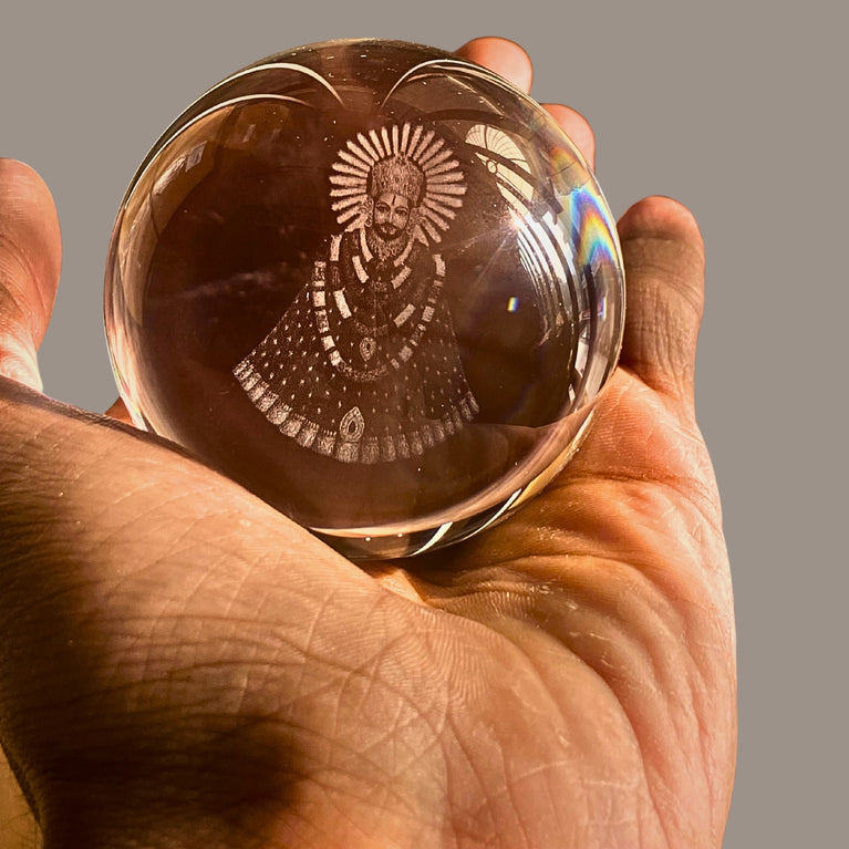 SNOOGG 3D  Khatu Shyam baba Crystal Ball, Crafted Using Advanced Laser Techniques. Glass Art Features a Stunning Universe Design with a 3.5-inch Wooden Display Base. Multi-Coloured Lighting with Remote