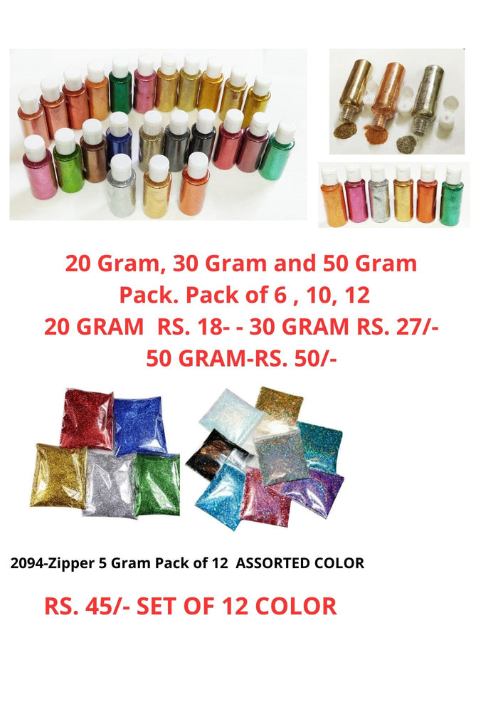 Glitter 20 30 and 50 gram pack clear bottel. Price is per pc - 5 gram in pouch pack.   Price is FOR 12 PC