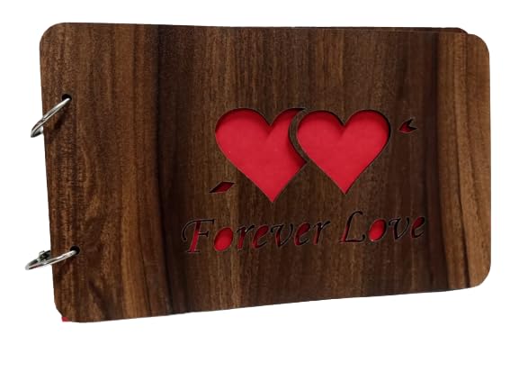 Snoogg Wooden Front and Back cover Scrapbook With 60 Page photo Album Rectangle 10x6 inch with design Cutouts of Forever Love on wood cover for Love, Moments, Stages, Gathering