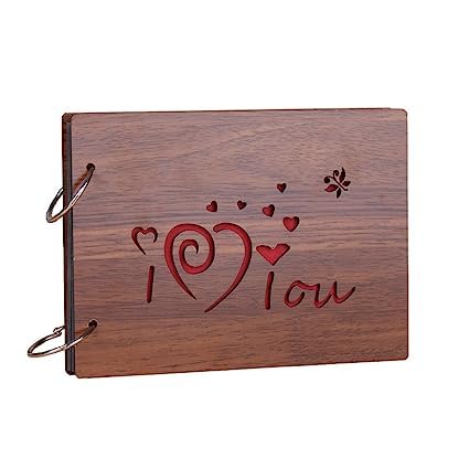 Snoogg Wooden Front and Back cover Scrapbook With 60 Black Page photo Album Rectangle 10x6 inch with design Cutouts OF of I Love You on wood cover for Memories,Hapiness,Love, Anniversary and more