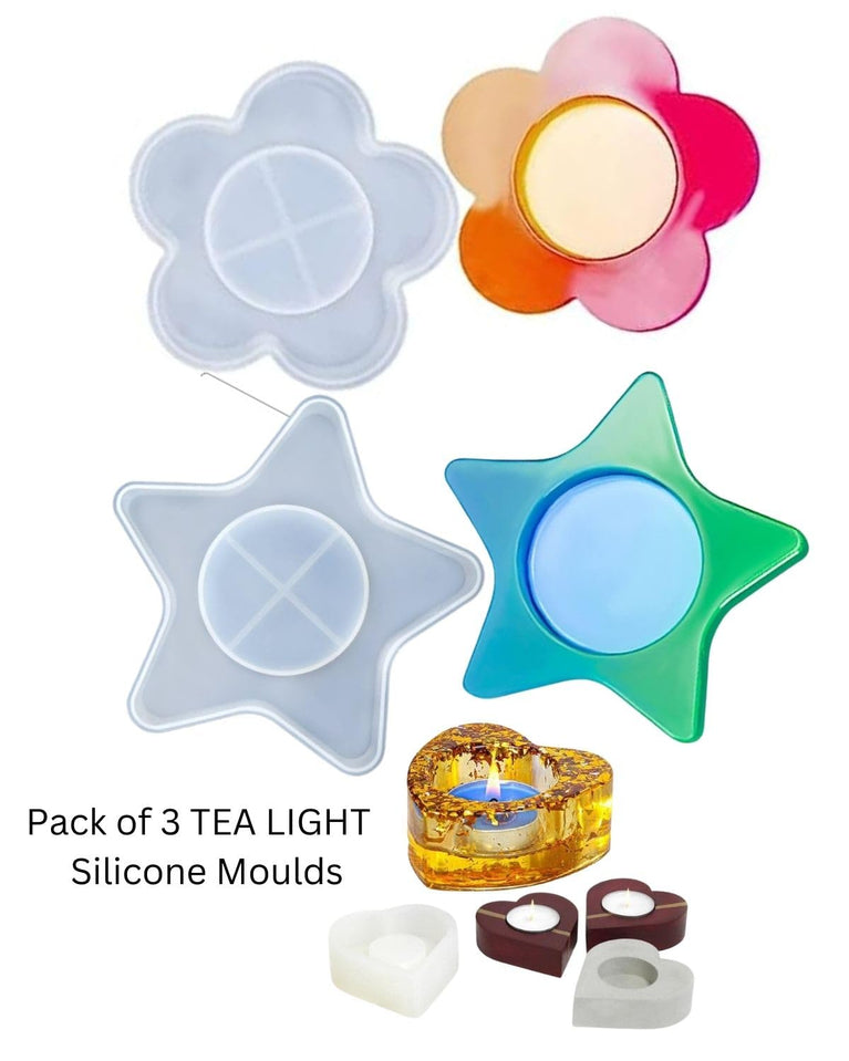 SNOOGG Pack of 3 Tea Light Candle Holder . Heart, Star and Flower Shapes. Silicone Moulds for epoxy Resin Casting DIY Resin Crafts, Cup Mats, Home Decoration