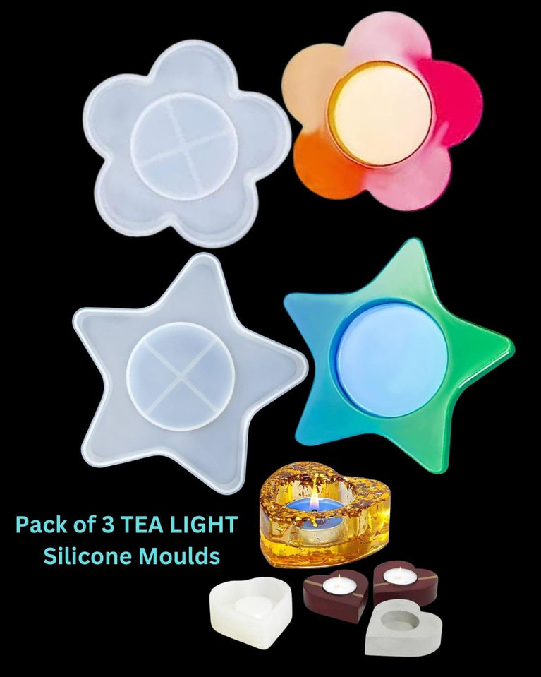 SNOOGG Pack of 3 Tea Light Candle Holder . Heart, Star and Flower Shapes. Silicone Moulds for epoxy Resin Casting DIY Resin Crafts, Cup Mats, Home Decoration