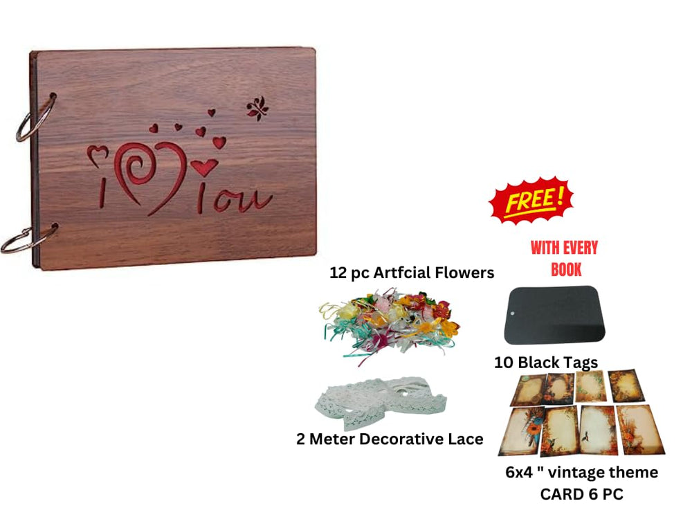 Snoogg Wooden Front and Back cover Scrapbook With 60 Black Page photo Album Rectangle 10x6 inch with design Cutouts OF of I Love You on wood cover for Memories,Hapiness,Love, Anniversary and more