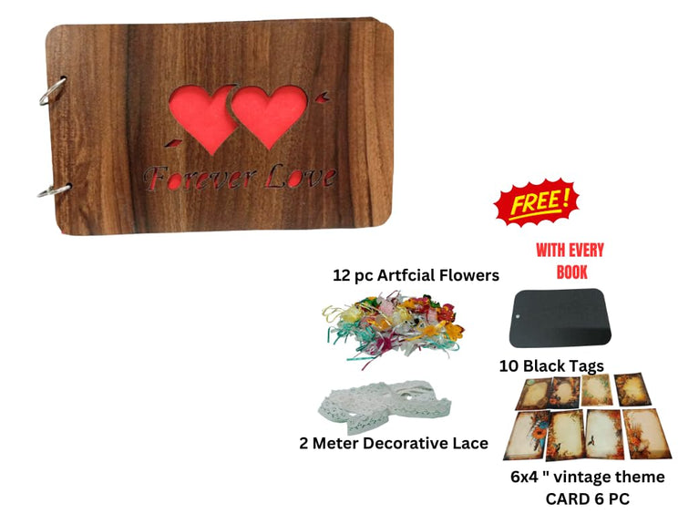 Snoogg Wooden Front and Back cover Scrapbook With 60 Page photo Album Rectangle 10x6 inch with design Cutouts of Forever Love on wood cover for Love, Moments, Stages, Gathering