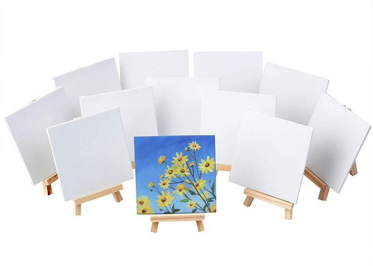 SNOOGG Art Party Series Portable 4" x 4" Canvas Board with 6" Tabletop Display Stand A-Frame Artist Easel Kit Pinewood Tripod, Kids Students Painting Party Pack of 8