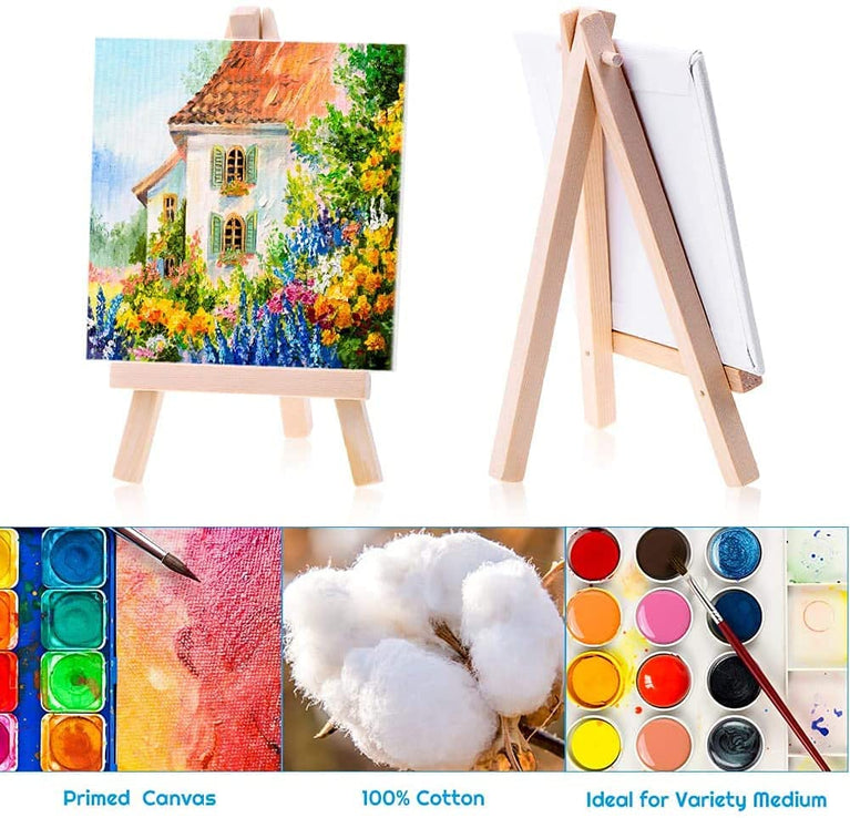 SNOOGG Art Party Series Portable 6" x 6" Canvas Board with 8" Tabletop Display Stand A-Frame Artist Easel Kit Pinewood Tripod, Kids Students Painting Party Pack of 2