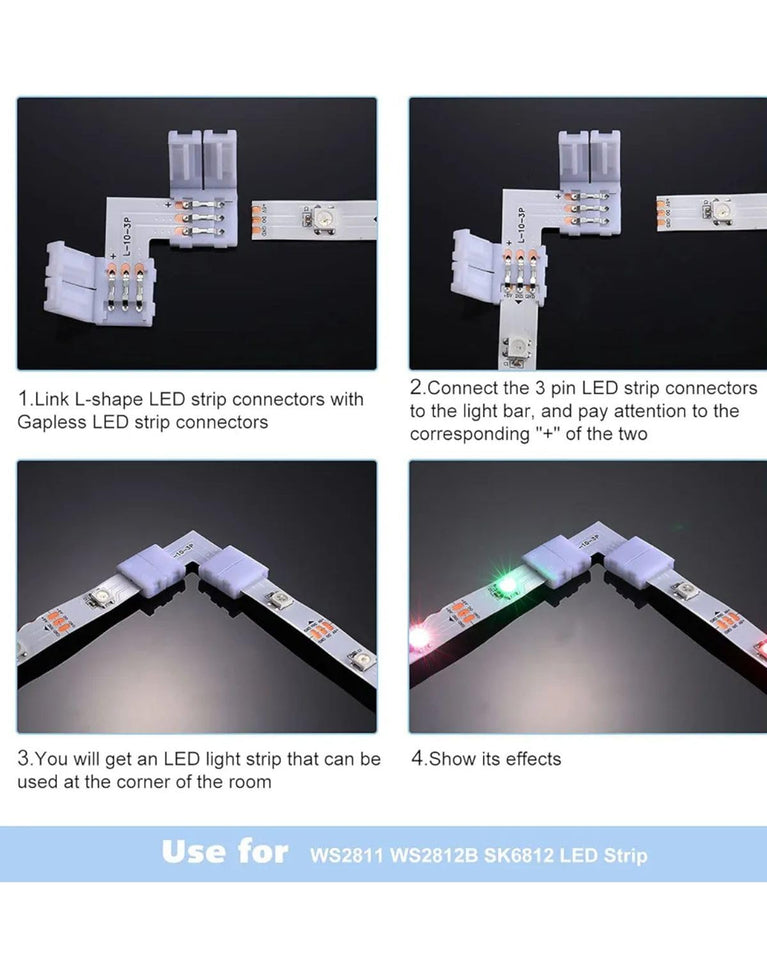 SNOOGG 12 Pack L Shape 3 pin Solderless and Gapless Connector 8 mm Unwired for LED Strips Terminal Extension 12V 72W