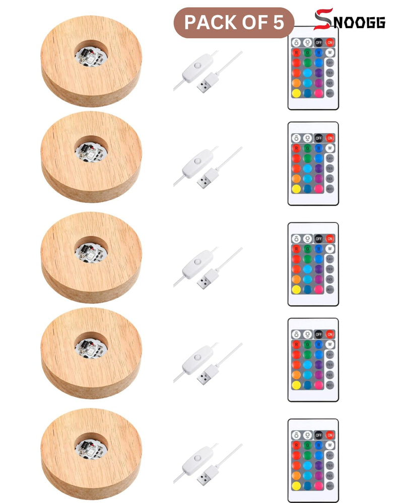 SNOOGG Wood RGB 16 Colour Led Light Round Wooden Display Base Stand with USB Cable Switch and 24 Key Remote Control for 3D Crystal Glasses, Resin Art, Trophy, Award etc Pack of (4)