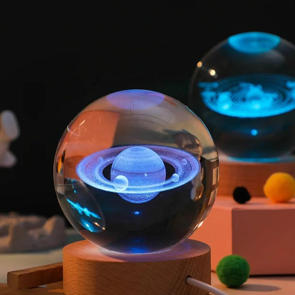 SNOOGG 3D Crystal Ball Room Glass Art Display with Earth Design Made by Laser Technique Comes with The 3.5 inch Wood Display Base with RGB Multi-Colored Lighting and a Remote Controller. (Base)