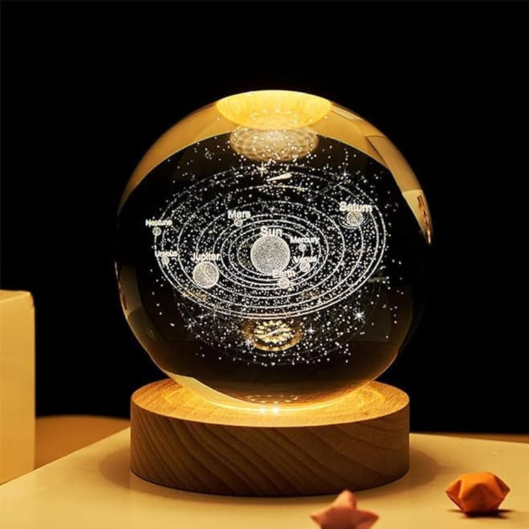 SNOOGG Solar System Crystal Ball Night Light Dimmable Warm RGB Colour Night lamp with Wooden Base 3.5 Inch Fantasy Decoration Crsytal Ball Nightlight