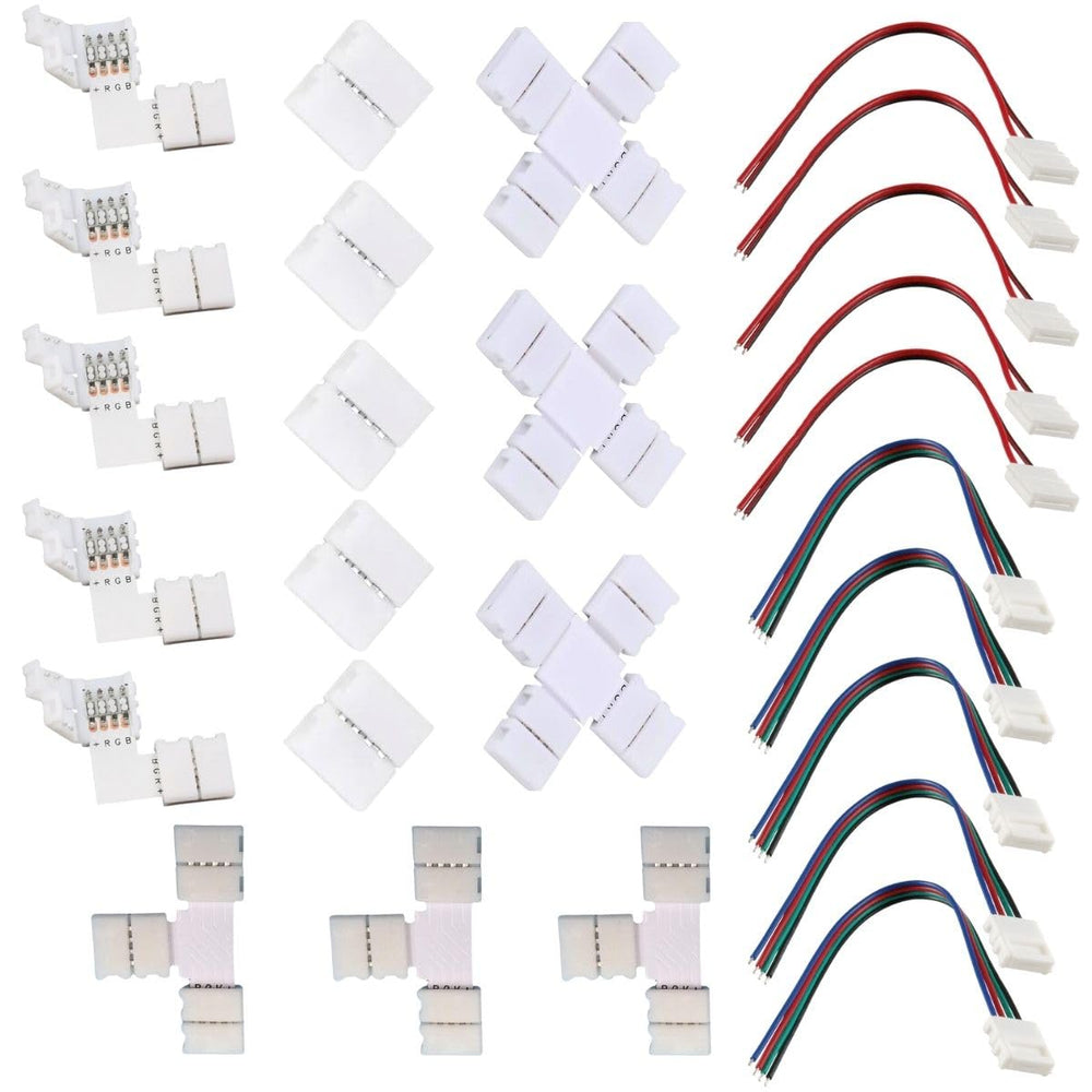 SNOOGG 26 Pack of Mix Bundle 10 mm connectors. 5 pc Each of I and L, 3 pc Each of T and Plus, 5 Each of connectors with 16 cm Wire 2 pin and 4 pin for Flexible LED Strip gapless Adaptor Terminal.