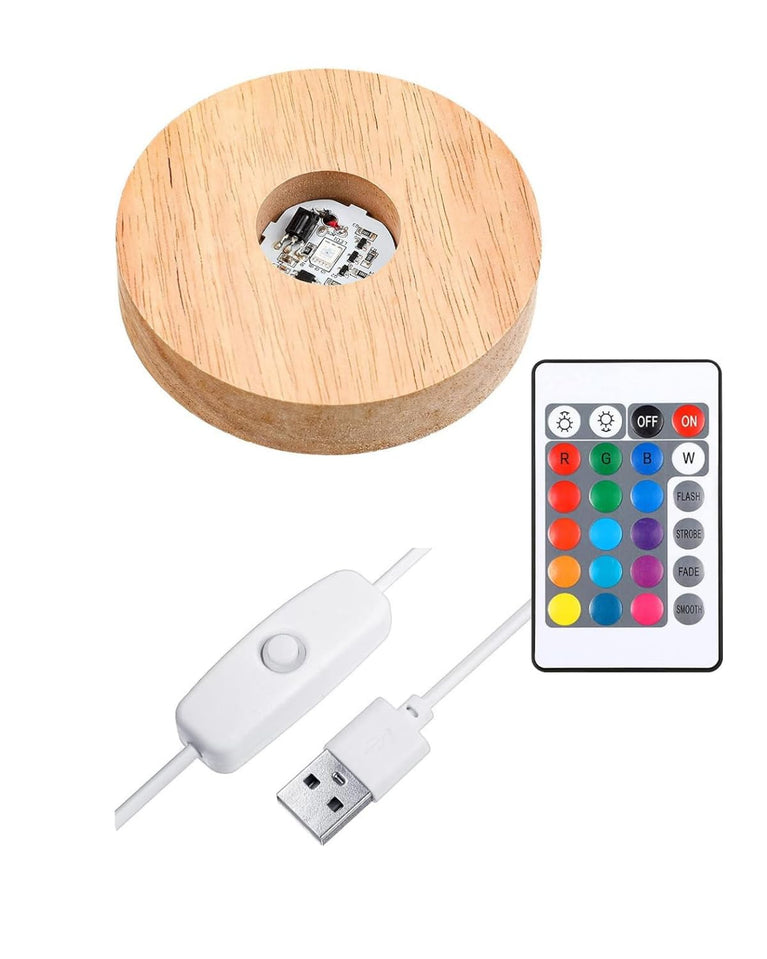 SNOOGG Wood RGB 16 Colour Led Light Round Wooden Display Base Stand with USB Cable Switch and 24 Key Remote Control for 3D Crystal Glasses, Resin Art, Trophy, Award etc Pack of (5)