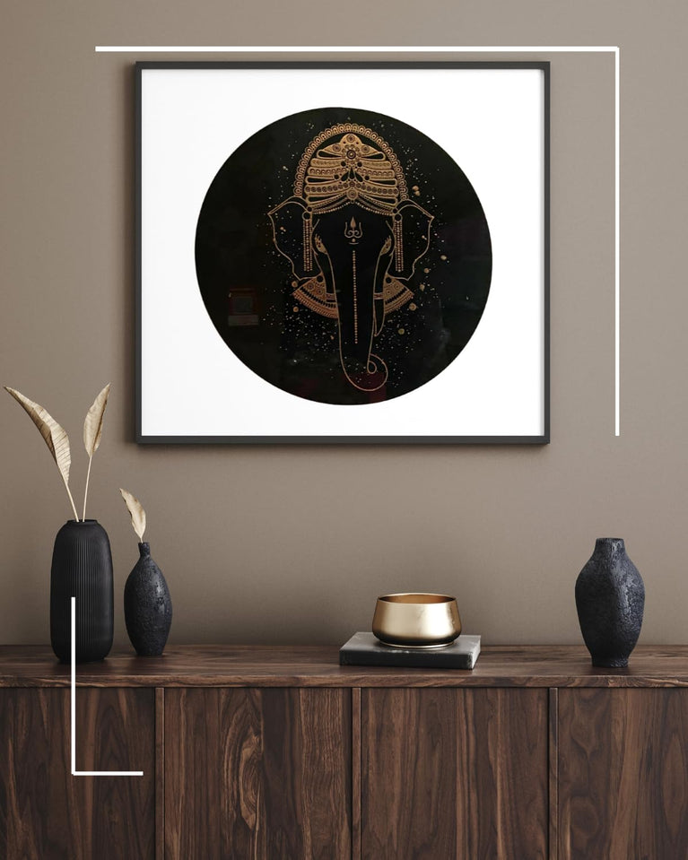 SNOOGG 12-inch UV Reactive Wall Art in black and gold features contemporary Ganesha imagery, perfect for meditation spaces, yoga studios, or hippie-themed bedrooms. (Ganesha-201)