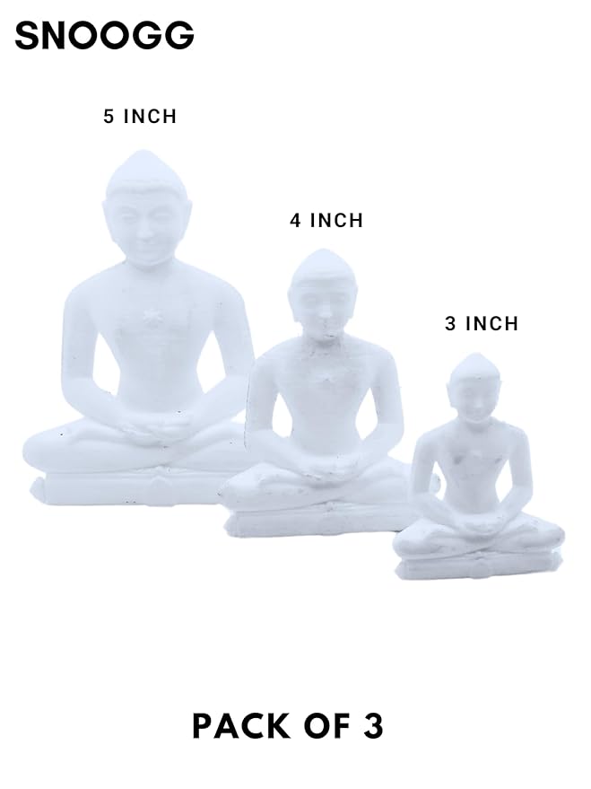 SNOOGG 3D White 1 Each of 5,4, and 3 inch Mahaveer Jain Mahavir Swami Murti Statue Idol Sculpture Figurine. for use in Your cart and Craft Creation, Resin Art, DIY