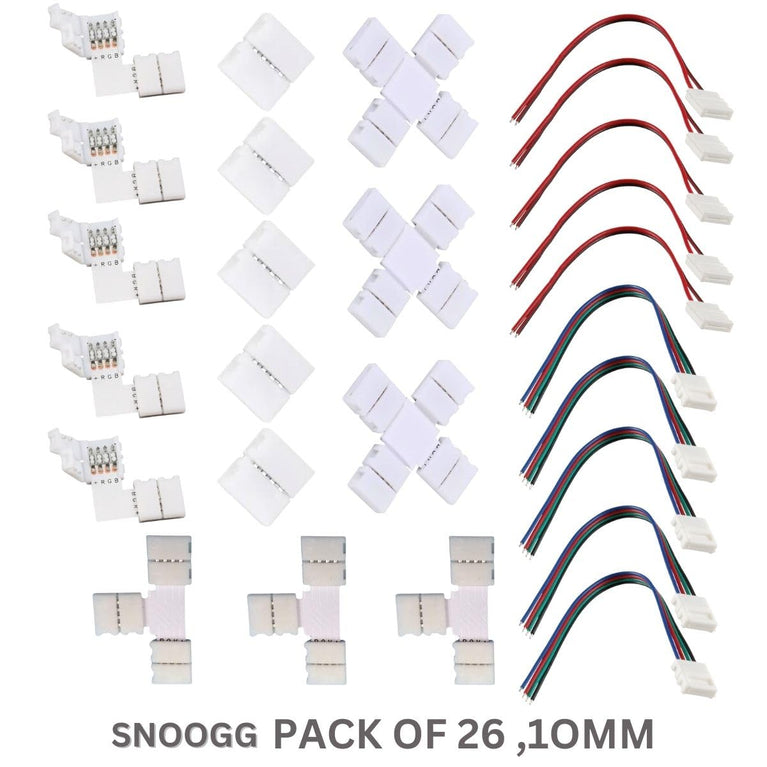 SNOOGG 26 Pack of Mix Bundle 10 mm connectors. 5 pc Each of I and L, 3 pc Each of T and Plus, 5 Each of connectors with 16 cm Wire 2 pin and 4 pin for Flexible LED Strip gapless Adaptor Terminal.